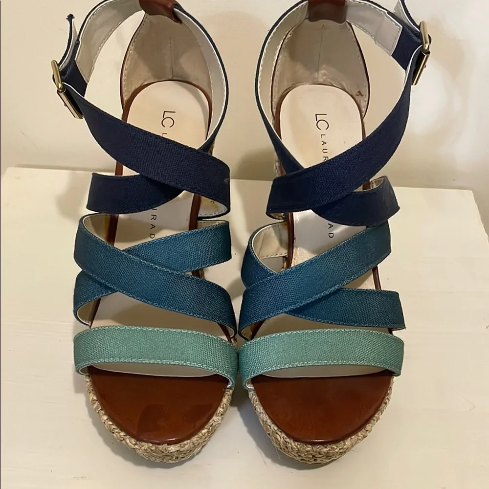 LC Lauren Conrad Blue and Green Wedge Sandals - Picture 1 of 4